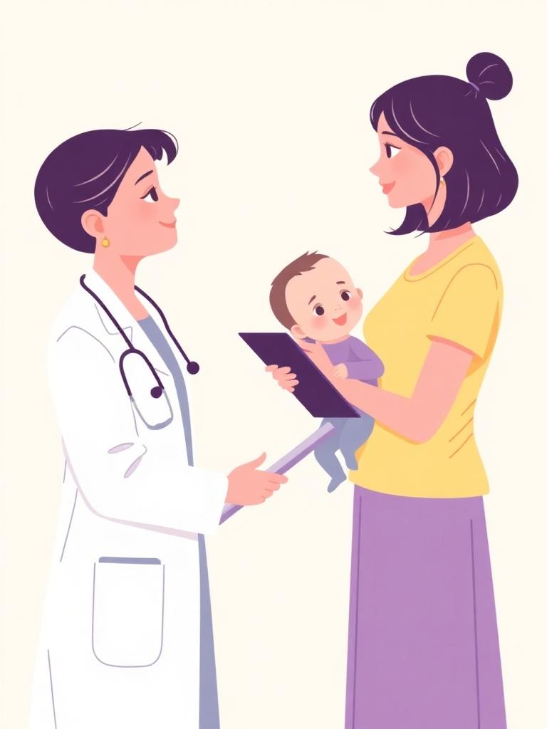 Médica conversando com mãe e criança antes do procedimento